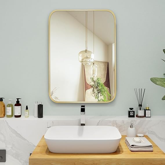 Image of Sidra Decor Rectangle Wall Mirror (24 inchx 18 inch) | Gold Brushed Metal Frame with Beveled Edge | Modern Wall Mirror for Bathroom, Living Room Vanity, Makeup Mirror (Golden Frame)