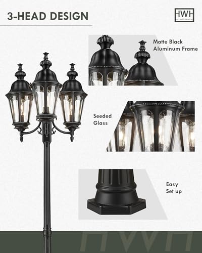 Image of HWH 98 Inch Outdoor Lamp Post Light, Seeded Glass, Waterproof, 5HW90PL-3 BK | Aluminum, Black, 3-Head Pole Light Fixture, Street Light for Garden, Driveway and Yard, Built For Exterior Weather Exposure