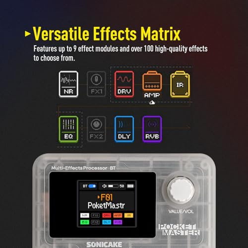 Image of SONICAKE QME-10TWH Pocket Master-Multi Effects Guitar Pedal with 9 Effects Modules 100 Drum Rhythms and Looper 100 Presets 20 Amp /Cab Electric Guitar Effects Processor OTG USB Audio Interface BT