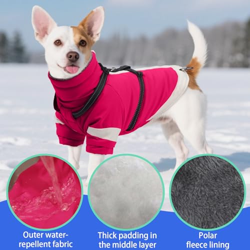 Image of MIGOHI Snowproof Dog Jacket with Harness in a Chilly Day,S,Rosered | Reflective Small Dog Coat with Sleeves Waterproof Fleece Winter Puffer Jacket for Dogs,Turtleneck Puppy Coats for Outdoor