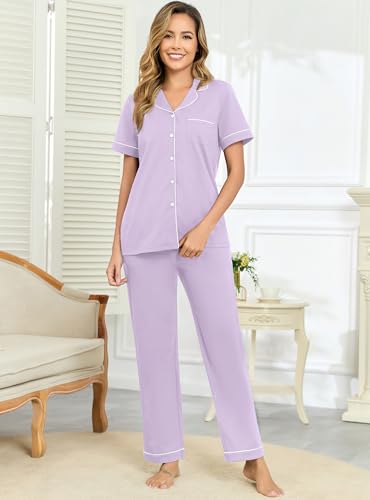 Image of Veseacky 100% Cotton Pajamas for Women Set Short Sleeve Button Down Sleepwear Soft 2 Piece Summer Pjs Lounge Sets S-XXL