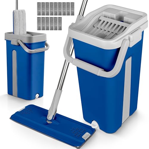 JUPPLIES Mopa Fregona con Cubo Escurridor Doble Compartimento 7,5 L – Sistema 360° con Mango Telescópico y Recambios de Microfibra para Suelos, Paredes y Azulejos (Azul, 15 Recambios)