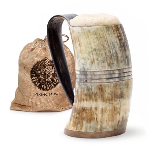 Image of Norse Tradesman Viking Drinking Horn Mug - Lighter Color Horn - 100% Authentic Beer Horn Tankard With Hardwood Bottom & Ring Engravings | The Eternal, approx. 24 oz