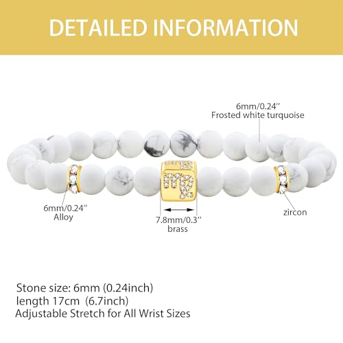 Image of Inlaid Zircon 12 Constellation Adjustable Stretch Bracelet - 6mm Frosted White Turquoise Beaded Bracelets for Women Men SJYA4647