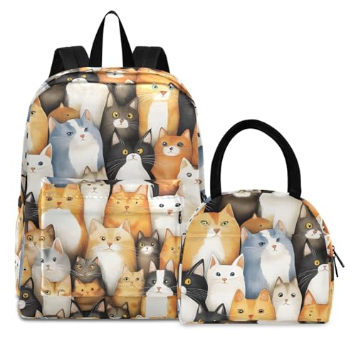Backpack Lunch Box Set Large Capacity Travel Backpacks and Insulated Lunch Bag for Commute Hiking Picnic Group Of Cats Print