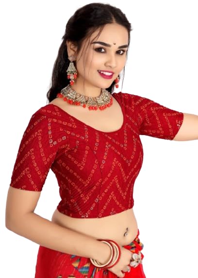 Women Cotton Blend Printed Round Neck Half Sleeve Stretchable Readymade Blouse Maroon-image-29