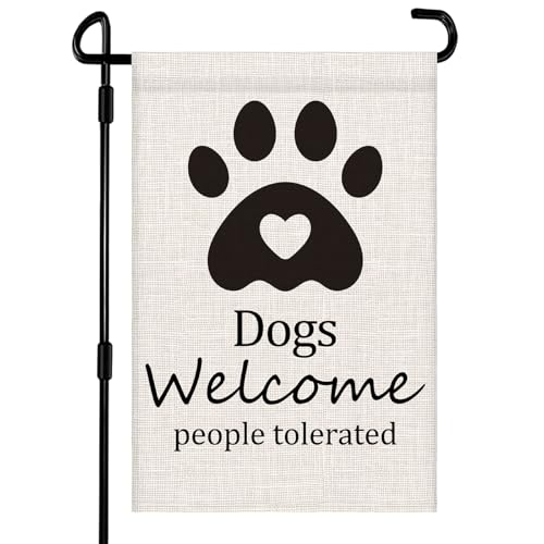 Welcome Garden Flag 12x18 Inch Double Sided Dogs Welcome People Tolerated Small Burlap Garden Flags for Porch Patio Lawn Farmhouse Decoration