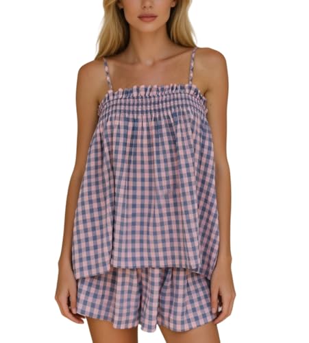 Faymlc Women Gingham Two Piece Set Sleeveless Babydoll Tank Top and Plaid Shorts Pajama Set Sleepwear Y2k Summer Outfits(Purple Medium)