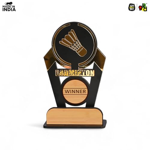 Image of GKD Wooden & Acrylic Sports Winner Trophy - Badminton, Shot Put, Carom, Chess - 8 x 4 Inches, Ideal for Awards & Celebrations (Pack of 4)
