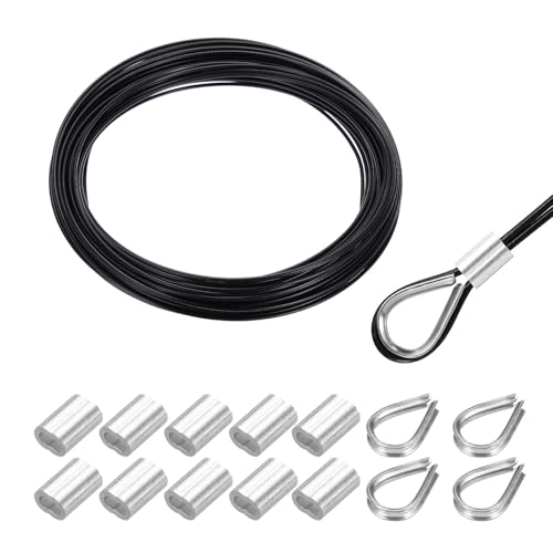 sourcing map 66FT Stainless Steel Cable Railing Kit, 1/16 Vinyl Coated 7x7 Strand Wire Rope with Loop Sleeves and Thimbles for Outdoor Deck Fence Wire & String Light,Picture Hanging,Black