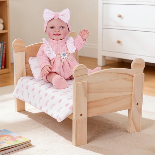 BABESIDE 3 Pcs Baby Doll Crib with Bedding Set for 12-16 Inch Babydolls, Wooden Dolls Furniture Doll Bed with Pillow and Blanket for Realistic Baby...