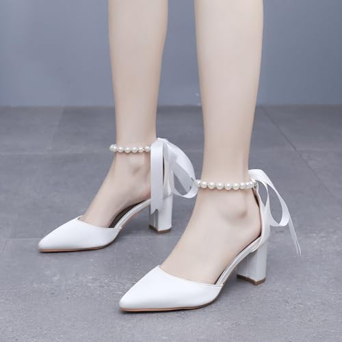 Women's Ankle Strap Pumps with Pearls, Pointed Toe, 3" Heel, White4
