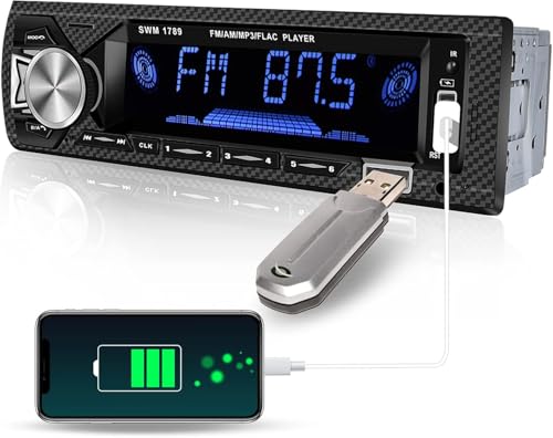 Hikity Radio Coche 1 DIN Autoradio Bluetooth Manos Libres Conexión Dual Bluetooth Reproductor de MP3 4 x 60W, Radio de Coche de 1 DIN con Dos Puertos USB FM/SD/AUX 7 Luces de Colores