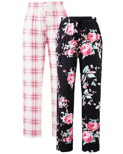 Knuffnee Schlafanzughosen für Damen Lang Karierte Pyjamahose Stretch Freizeithose Weich Schlafhose mit Taschen 2 pack Rosa Kariert/Schwarzer Blume L