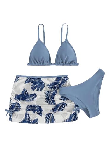 Yhong Conjunto de bikini de 3 piezas para niña, diseño floral, traje de baño hawaiano, tankini, falda de playa, para niños de 6 a 13 años, turquesa, 140-146