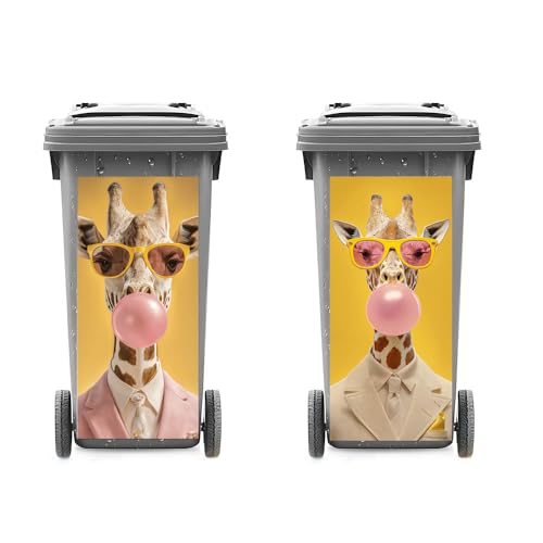Image of 2 PC Trash Can Sticker 14.57 x 32.28 Inch Funny Giraffe Bubblegum Design Vinyl Sticker with Pink Suit Yellow Background and Sunglasses Pattern for Outdoor Garbage Bin Garden Yard Driveway Home Decor