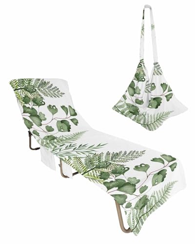 Green Botanical Beach Lounge Chair Towel Cover, Soft Chaise Lounge Towel with Side Pockets Patio Pool Chairs Cover for Beach/Pool Sunbathing 29x85 Watercolor Summer Pastoral Plants