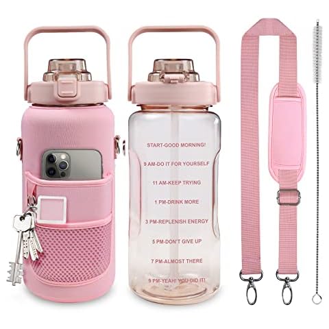 Chokoter Half Gallon Water Bottle with Sleeve, 64OZ Motivational Water Bottle with Straw & Time Marker, BPA Free Leakproof Gym Water Bottle for Sport Workout Cover