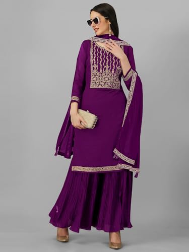 TRENDMALLS Women's Art Silk Embroidery Sequence Work Kurta Sharara Set with Dupatta For Women4