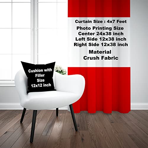 Image of Crush Fabric Photo Personalise 2 Curtains & 1 Cushion with 8 Eyelet for Living Room Bedroom Home Office 4 x 7 Feet Style 134 (Set of 3) (Red)