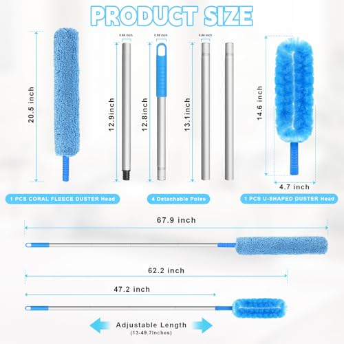Image of Eunice 13-49.7 Inches Ceiling Fan Duster with Extension Pole, U-Shape and Coral Fleece Heads Adjustable and Removable Fan Cleaner Blade for High Ceiling, Window Door Furniture (Blue)