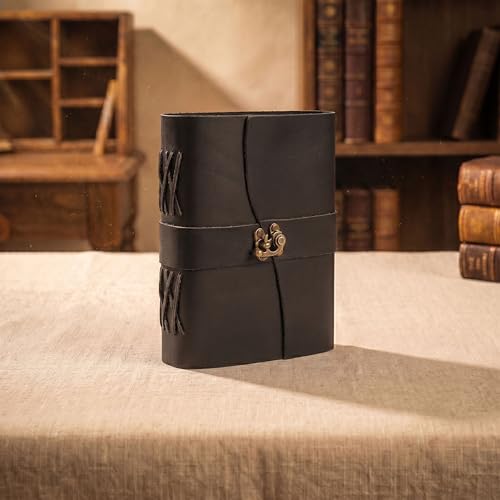 Image of LEATHER VILLAGE Leather Journal for Women & Men - Vintage Leather Bound Journal with Lock - Book of Shadows, Writing & Travel Journal - 200 Pages Handmade Deckle Edge Watercolor Paper -13 inchx8''- Black