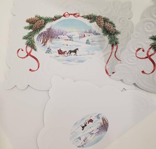 Image of Set of 3 - Christmas Holiday Sleigh Ride Snow Boxed Note Cards by Carol Wilson. 10 embossed 4x5 Die-Cut Notecards and Matching Envelopes in Decorative Gift Box with Magnetic Flap. NCPX2603