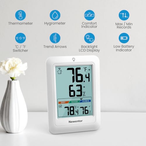 Image of Newentor Indoor Outdoor Thermometer Wireless with 24H /48H /ALL-TIME High Low | Big Number 4 inch Display, Inside Outside Temp & Humidity, Comfort Indicator, Weather Station for House Patio, White, 2 Sensors