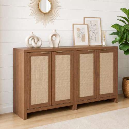 Image of OAKHAM HOME Rattan Sideboard Cabinet for Living Room, Brown, Set of 2 | Buffet Cabinet with 2 Soft-Close Doors, Adjustable Shelves and 110 lbs Top, For Living Room, Kitchen, Entryway