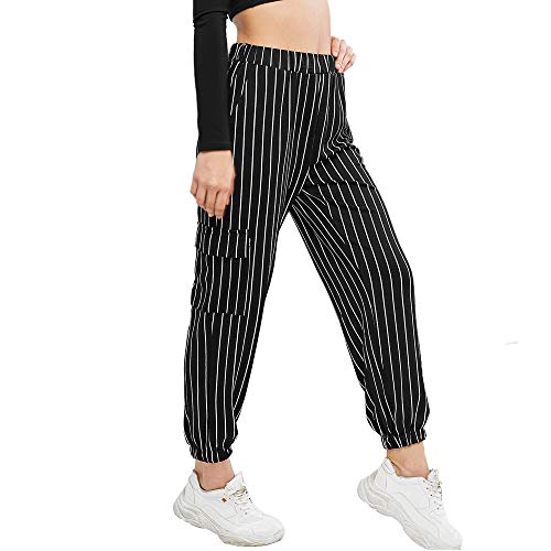ZAFUL Women's Elastic Waist Pants Casual High Rise Plaid Striped Jogger Pants Striped-Black M