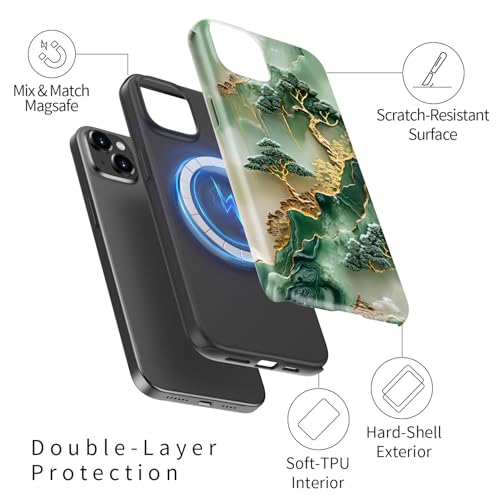 Image of Goodon for iPhone 14 Plus Case Cute - Wireless Charging Compatible - Dual-Layer Hard Shell + Silicone Cover - Protective Phone Case with Trendy Designs for Women - Gold Inlaid Jade Carving