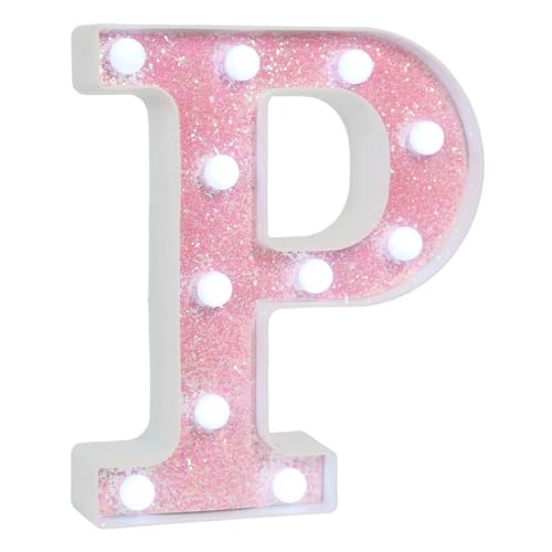 Image of Pink Glitter Marquee Light Up Letters, Battery Operated LED Letter Lights Signs for Pink Birthday Party Table Decorations, Wall Decor for Girls Bedroom, Initial Letter P with Cool White Lights