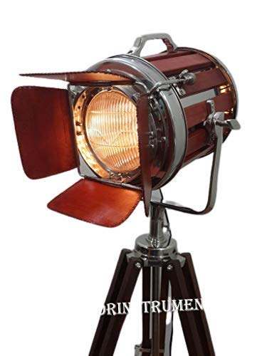THOR INSTRUMENTS Designer Chrome and Red Leather Spot Light with Brown Heavy Wooden Tripod Stand Rustic Vintage Home Decor Gifts
