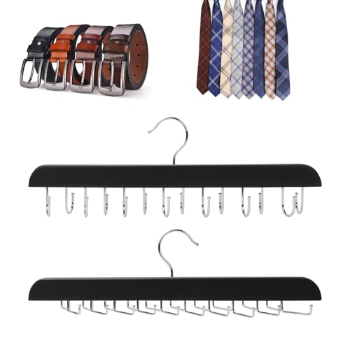 Lot De 2 Porte-Ceintures en Bois,Organiseur de Ceinture de Placard avec 14 Crochets,Porte Cravates avec Crochet Pivotant,Cintre Antidérapant Cravates Clips pour Foulards,Cravates,Ceintures