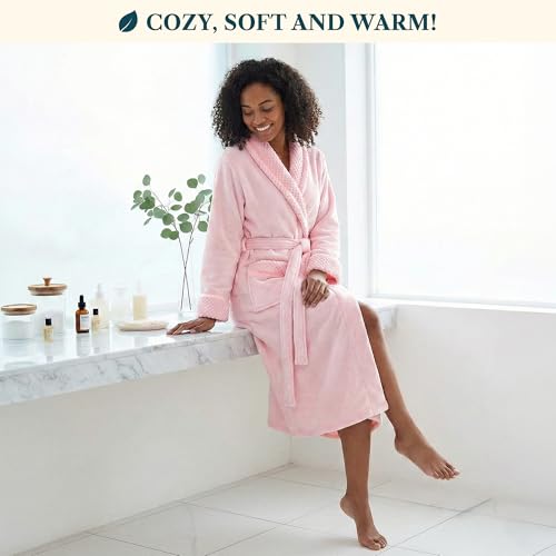 Image of PAVILIA Women's Plush Fleece Robe, Soft Cozy Long Bathrobe with Satin Waffle Trim, Warm Lightweight, Pockets & Tie Belt