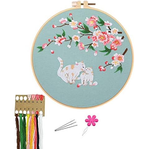 Embroidery Kits with Pattern for Beginners Starter,HCSSZ Full Range of Stamped Cross Stitch Kit with Embroidery Hoop,Embroidery Clothes with Two Cat and Cherry,Thread,Needles Cover