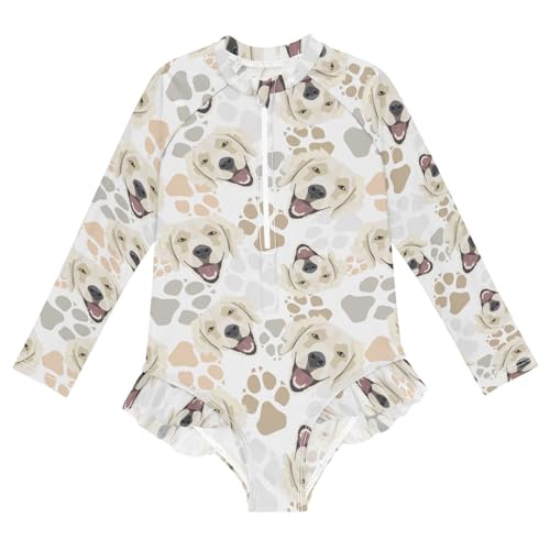 JHKKU Girls Long Sleeve Golden Retriever Dog Swimsuit One Piece Zipper Rash Guard Bathing Suit with UPF 50+ Sun Protection Ruffle Swimwear 3T