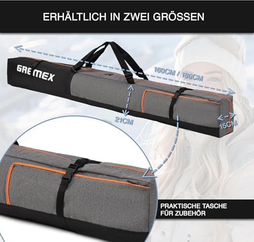 GREMEX Skitasche 160 cm - Skisack für 1 Paar Ski - wasserdichte leichte Tasche - Robuste Aufbewahrung für Alpinski und Skiausrüstung - Ergonomisches Ski Zubehör Kompakt