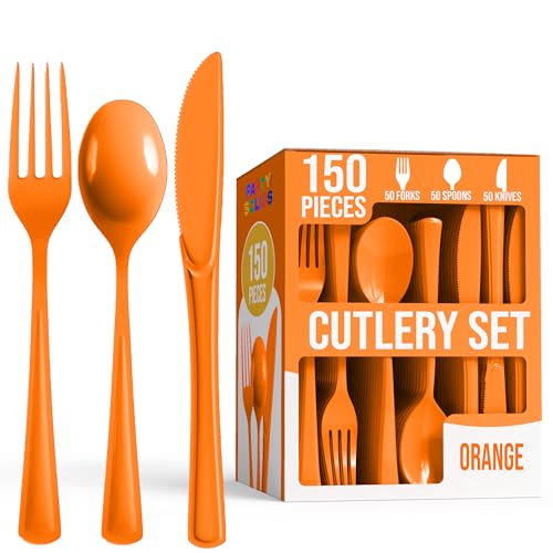 Party Solids Orange Plastic Silverware Heavy Duty 150 Pieces Orange Disposable Silverware Heavy Duty Utensil Sets 50 Of Each Forks Knives & Spoons Disposable Cutlery Set For Party Supplies