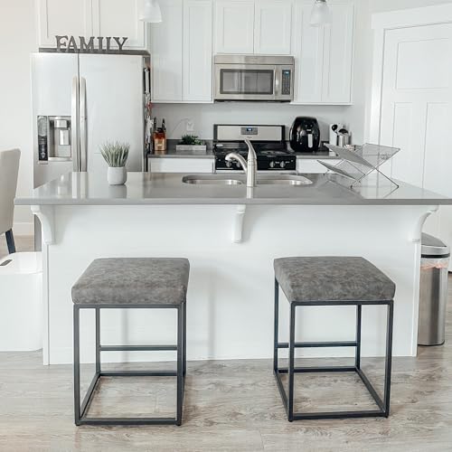 Butacos de Altura para Barra PHI VILLA, Juego de 4, Sin Espaldar, Estilo Moderno, para Isla de Cocina, Asiento en Cuero Sintético, Altura 24 pulgadas miniatura 3