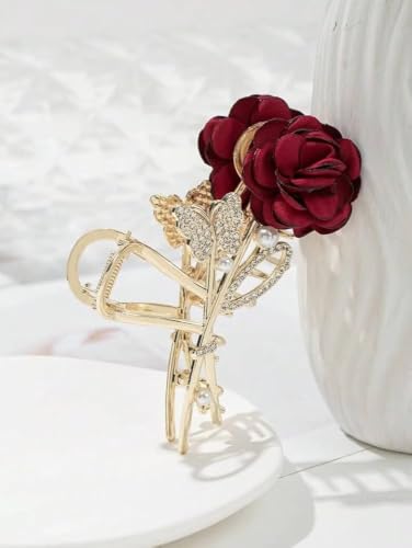 Image of Diversa Rhinestone Golden Claw Clip, Embellished Korean Clutcher, Non- Slip Metal Claw Clip for Girls, Fancy Clutcher for Women, Pack of 1 (Golden Rose)
