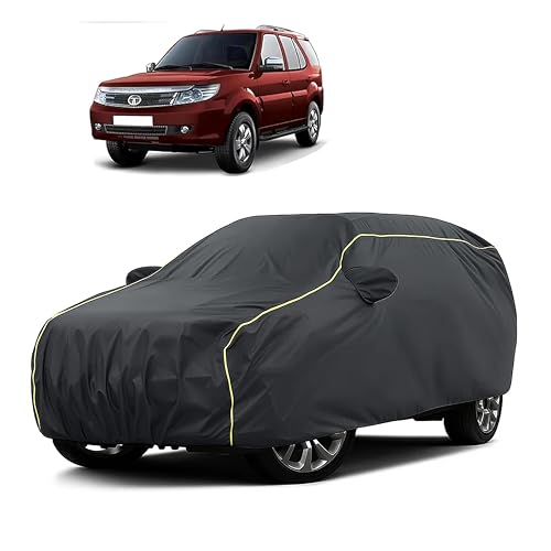Image of Sulfar 100% Water Resistant Car Body Cover Compatible with Mirror for Tata Safari Storme (Triple Stitched, Full Bottom Elastic, Dark Grey Taffeta with Yellow Piping)