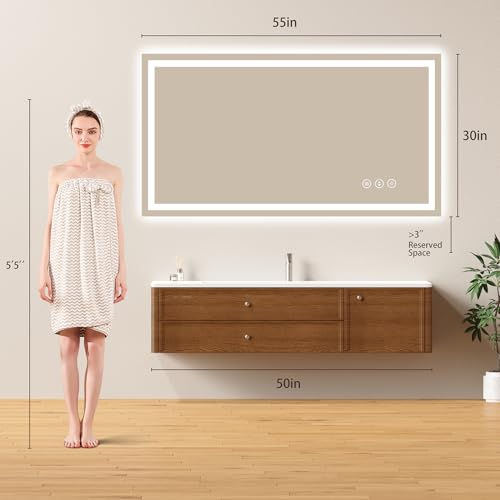 Image of 55x30 LED Bathroom Mirror with Lights - Dimmable, Anti-Fog, 3 Color Backlit & Front Lit Mirror for Bathroom, Shatter-Proof Tempered Glass, Easy Installation