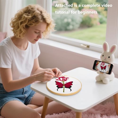 Image of Butterfly Rose Embroidery Kits for Beginners Adults, Valentine's Day Hand Embroidery Kits, Cross Stitch Kits for Adult Anniversary Valentine's Gifts, Entire Set of Embroidery Supplies & Video Tutorial