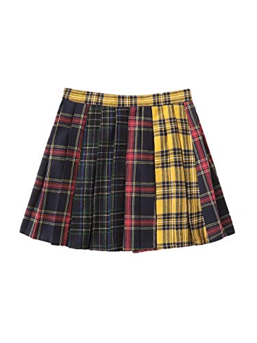 WDIRARA Women's Fashion Plaid Mid Waist Colorblock Mini Pleated Skirt XL