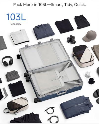 Image of LUGGEX Checked Suitcase with Spinner Wheels, 8010S Aluminum Frame Zipperless Polycarbonate Hard Shell Suitcase (ZX-Core, Blue, 28 Inch)