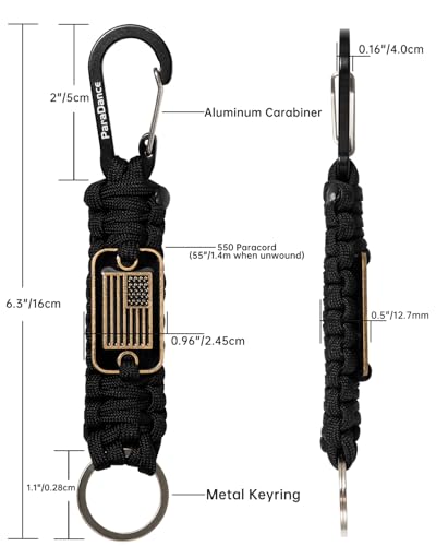 Paracord Keychain Carabiner with Cool USA Flag Men/Women, Military Braided Key Chain with Hook Clip Ring, Heavy Duty Key Lanyard for Car Keys/Backpack, Camping Hiking, 2-Pcs (2 * Black)