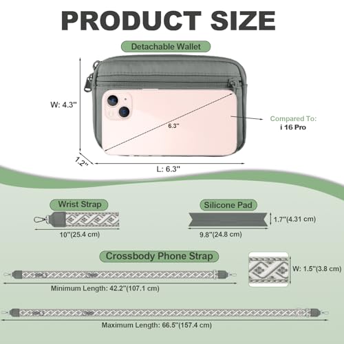 Image of YFWE Clip and Go Strap for Phone with Wallet Crossbody, Adjustable Phone Lanyard with Detachable RFID Wristlet Wallet, Pattern Strap, Grey(M)