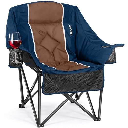 Silla de Camping Sobredimensionada para Adultos USKAU con Capacidad de 400 lbs, Plegable con Acolchado y Porta Vinos, 2 Porta Vasos y Bolsillos Laterales, Bolsa de Transporte Portátil