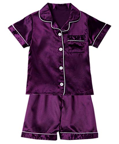 Boys Girls Pajamas Set, 2 Pieces Button Down Shirt + Matching Shorts Sleepwear Outfit, Purple, 7-8 Years = Tag 14